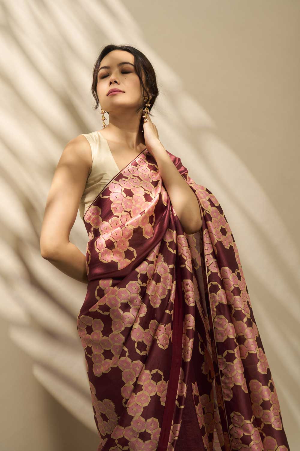 MADHAVI BROWN GREEN ROSE MUSHROO SILK HAND BLOCKPRINTED SAREE