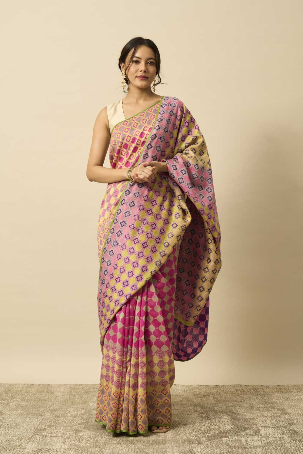 Jhelum Pink Purple Maheshwari Hand Blockprinted Flip Pallu saree
