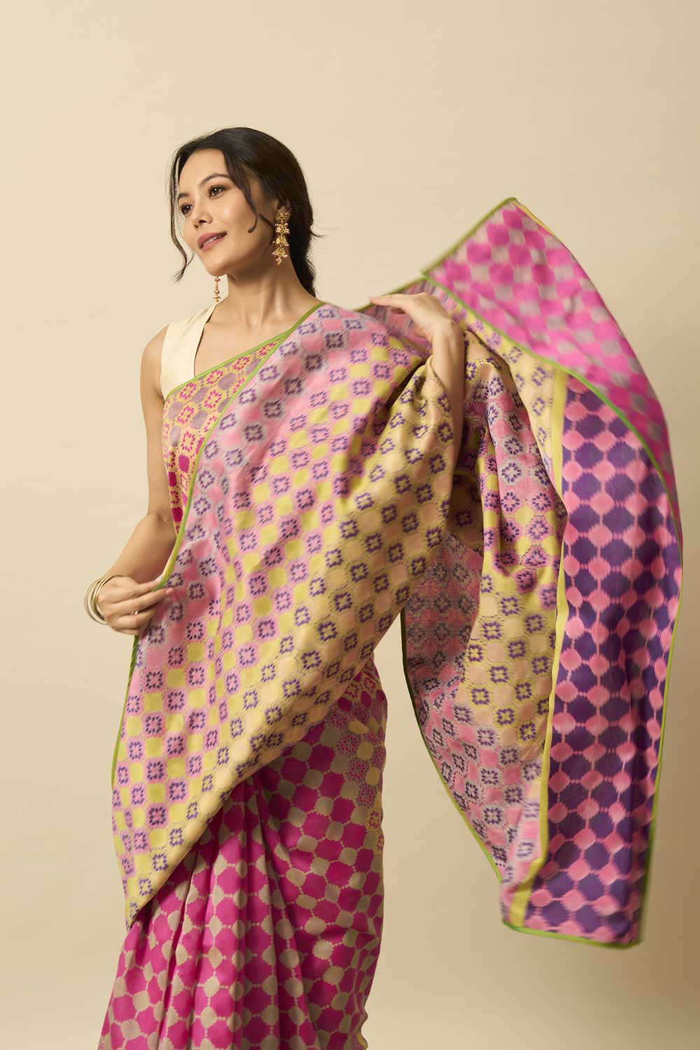 Jhelum Pink Purple Maheshwari Hand Blockprinted Flip Pallu saree
