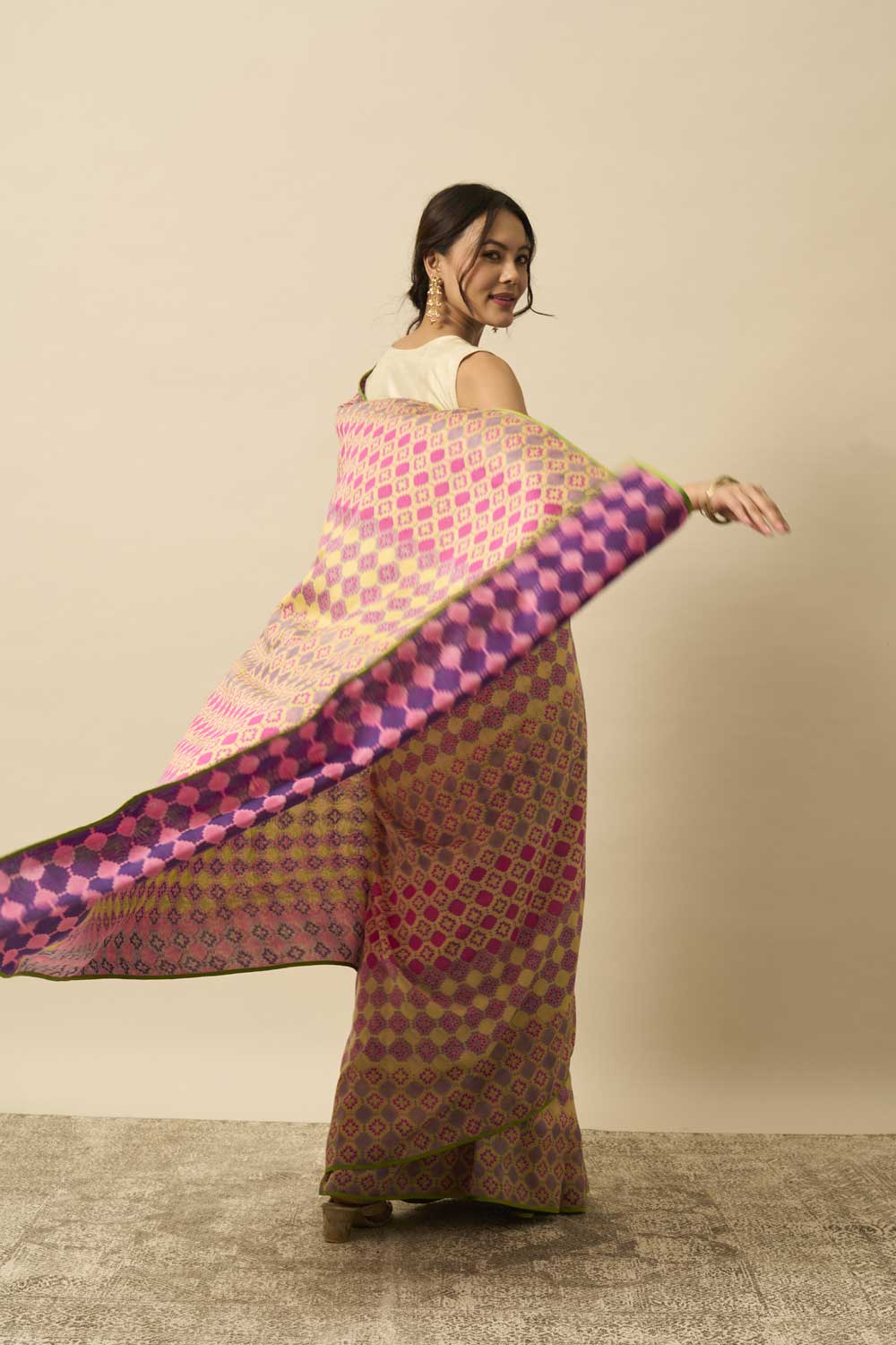 Jhelum Pink Purple Maheshwari Hand Blockprinted Flip Pallu saree