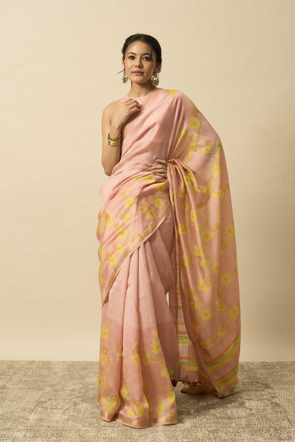 Bhagirathi Peach Handloom Maheshwari Silk Hand Block Printed Saree