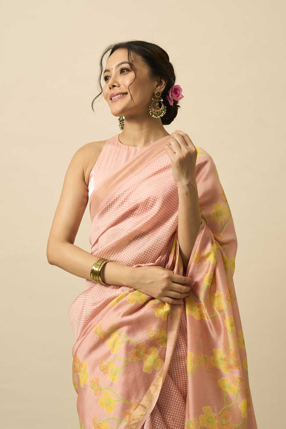 Bhagirathi Peach Handloom Maheshwari Silk Hand Block Printed Saree
