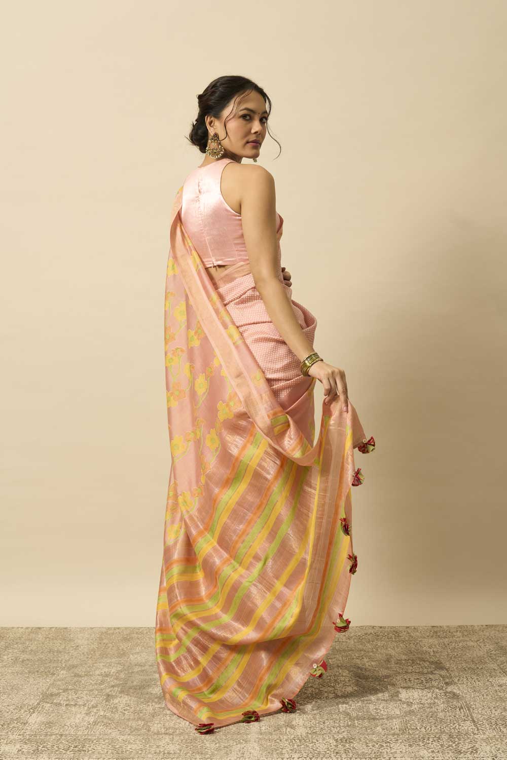 Bhagirathi Peach Handloom Maheshwari Silk Hand Block Printed Saree