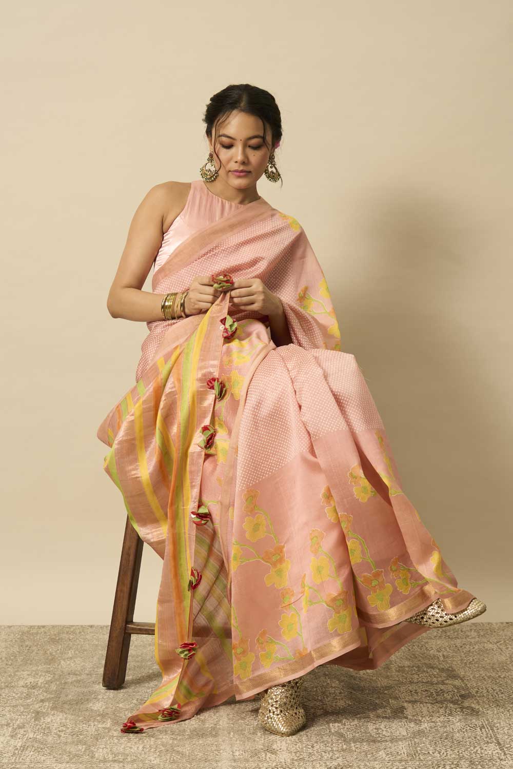 Bhagirathi Peach Handloom Maheshwari Silk Hand Block Printed Saree