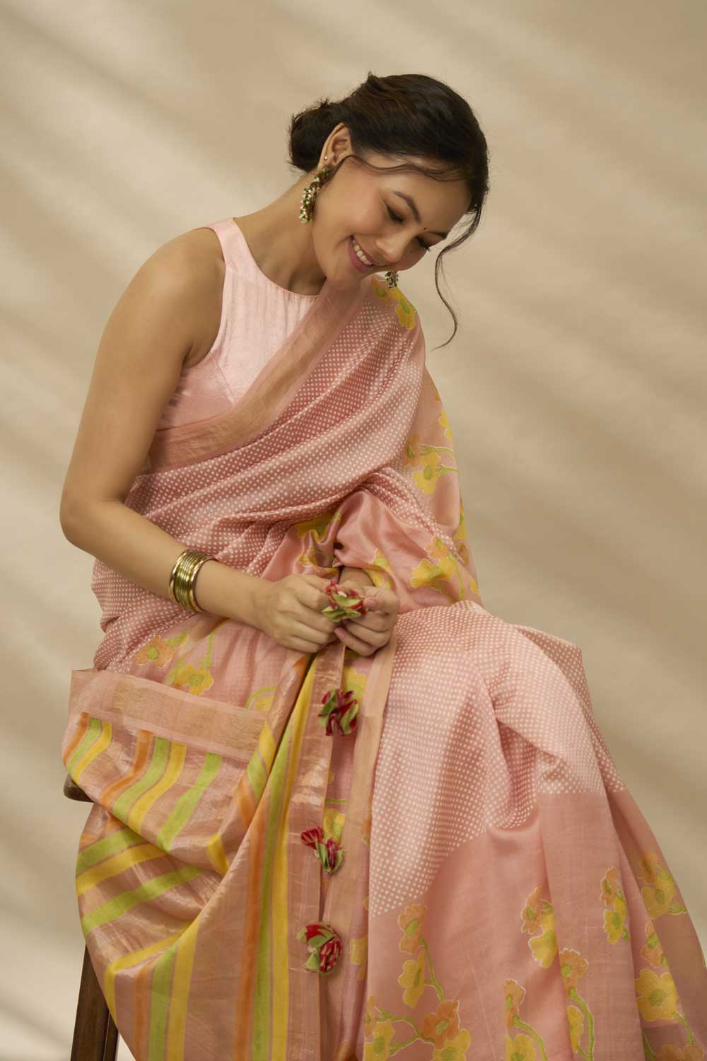 Bhagirathi Peach Handloom Maheshwari Silk Hand Block Printed Saree