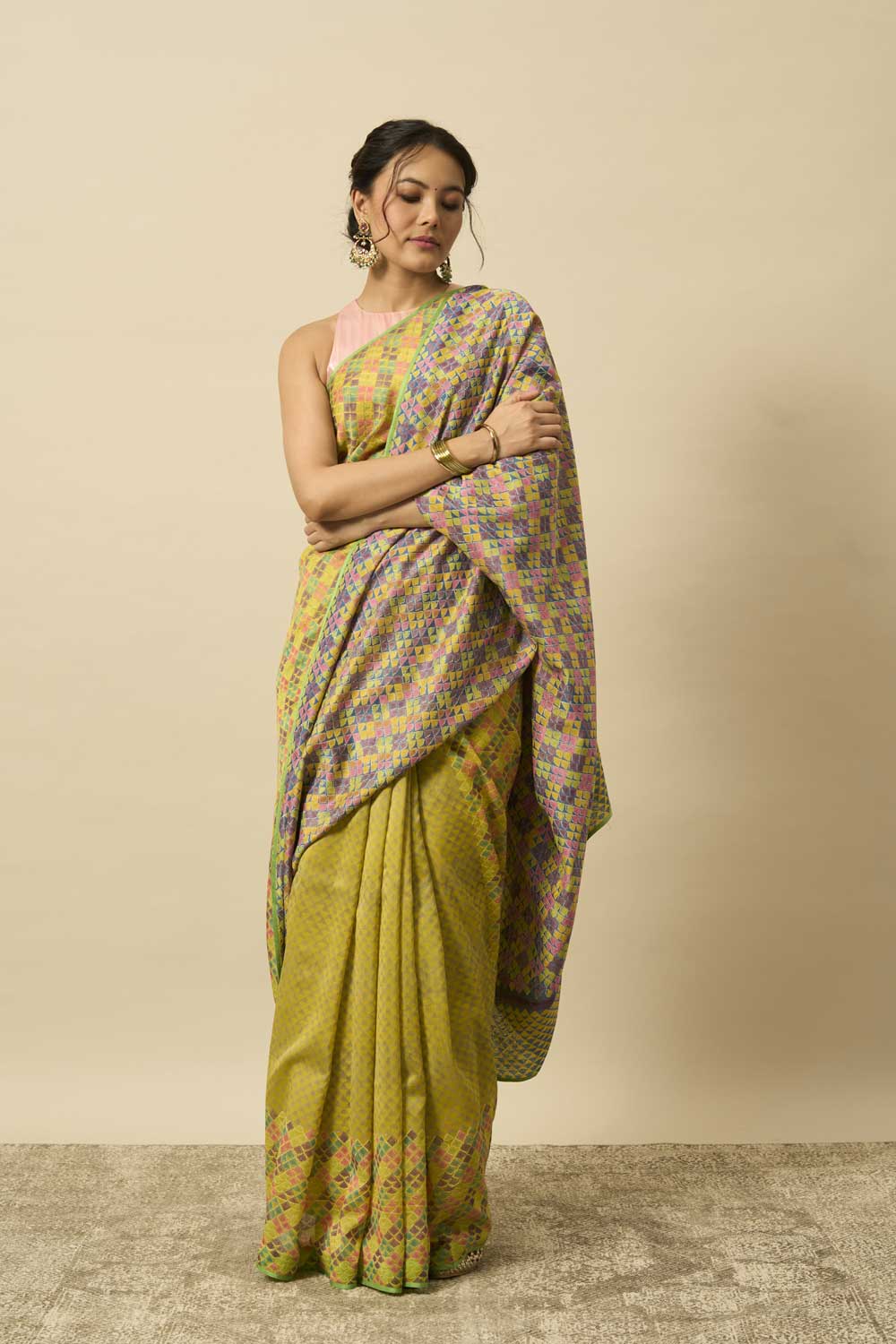 Pancham Yellow Blue Handloom Maheshwari Hand Blockprinted saree