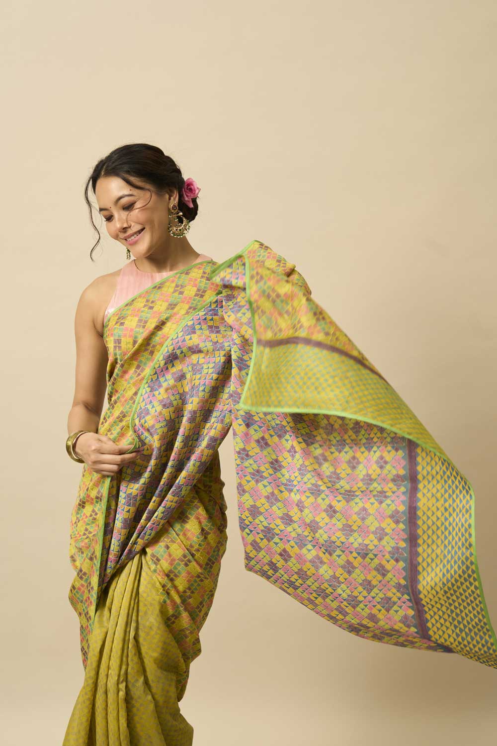 Pancham Yellow Blue Handloom Maheshwari Hand Blockprinted saree