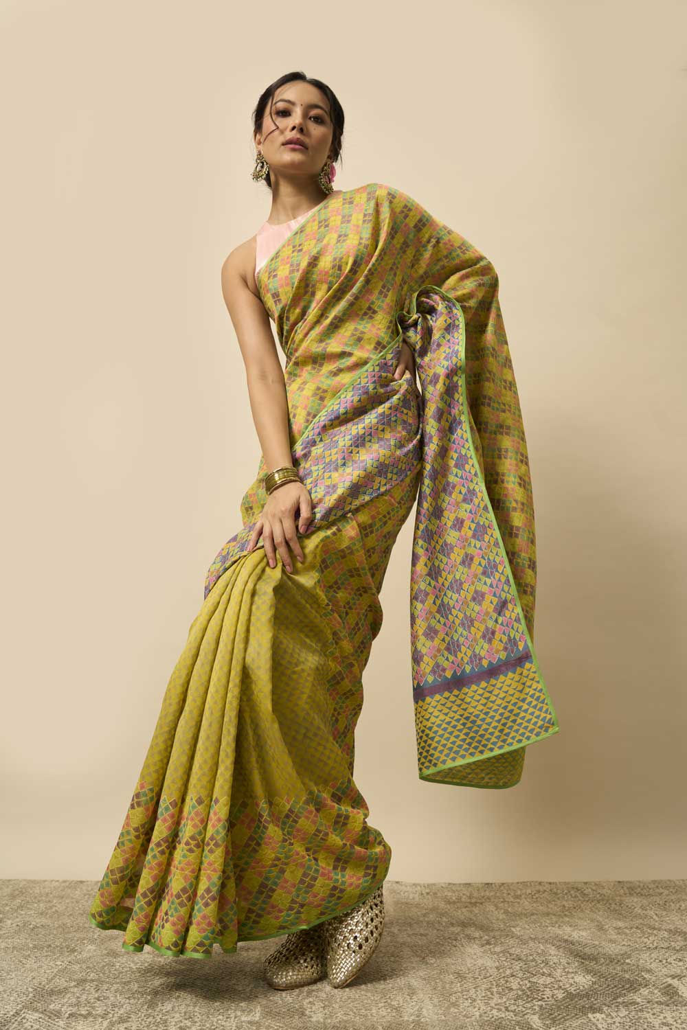 Pancham Yellow Blue Handloom Maheshwari Hand Blockprinted saree