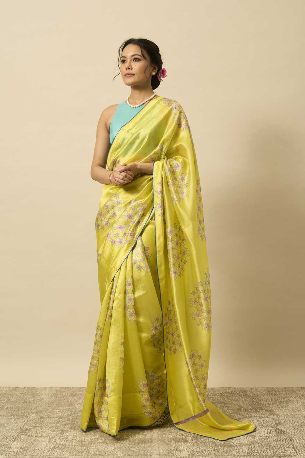 SMRITI YELLOW GREEN ROSE MUSHROO SILK HAND BLOCKPRINTED SAREE