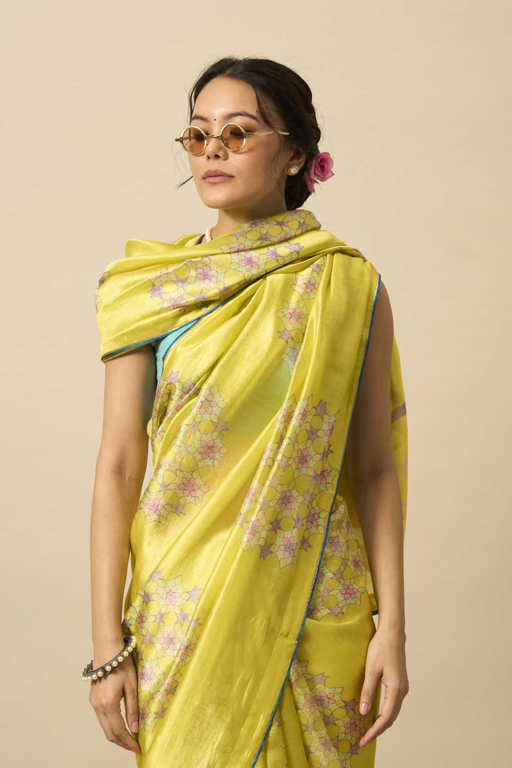 SMRITI YELLOW GREEN ROSE MUSHROO SILK HAND BLOCKPRINTED SAREE