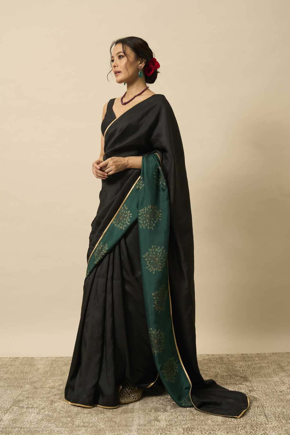 Charumati Black Green Mulberry Silk Flip Pallu Saree