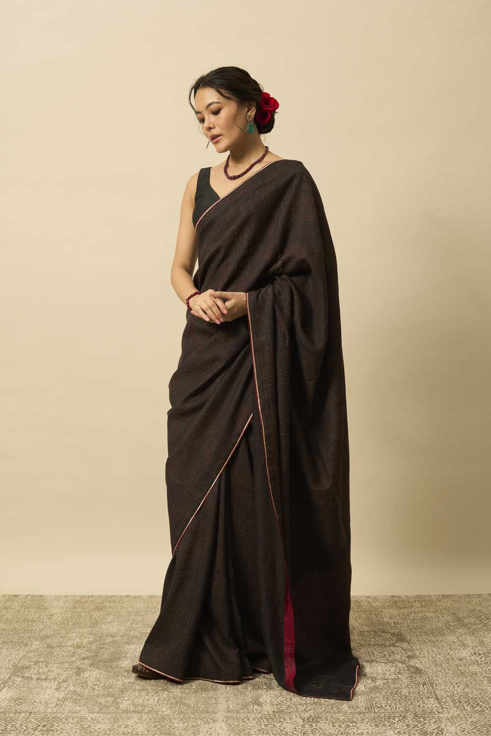 Neem Black Kanchi Silk Hand Blockprinted Saree