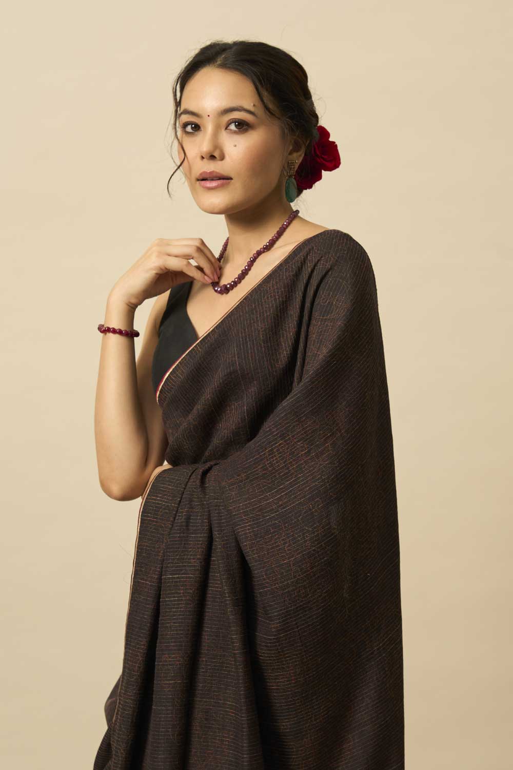Neem Black Kanchi Silk Hand Blockprinted Saree