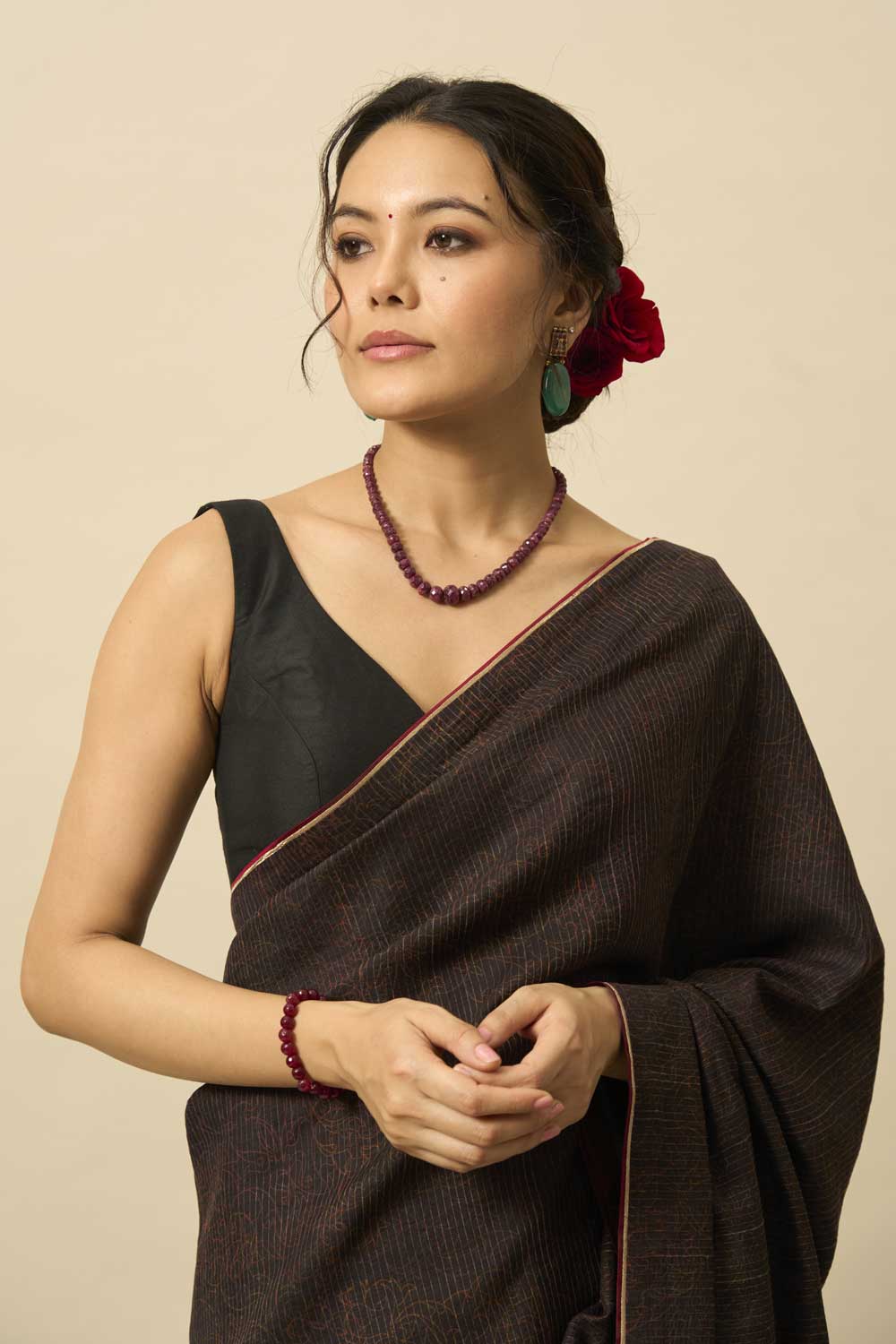 Neem Black Kanchi Silk Hand Blockprinted Saree