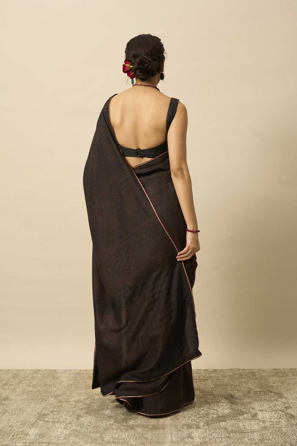 Neem Black Kanchi Silk Hand Blockprinted Saree