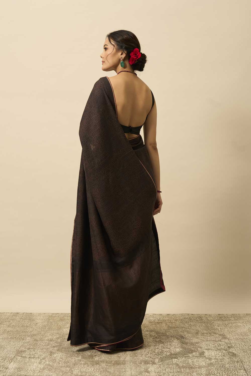 Neem Black Kanchi Silk Hand Blockprinted Saree