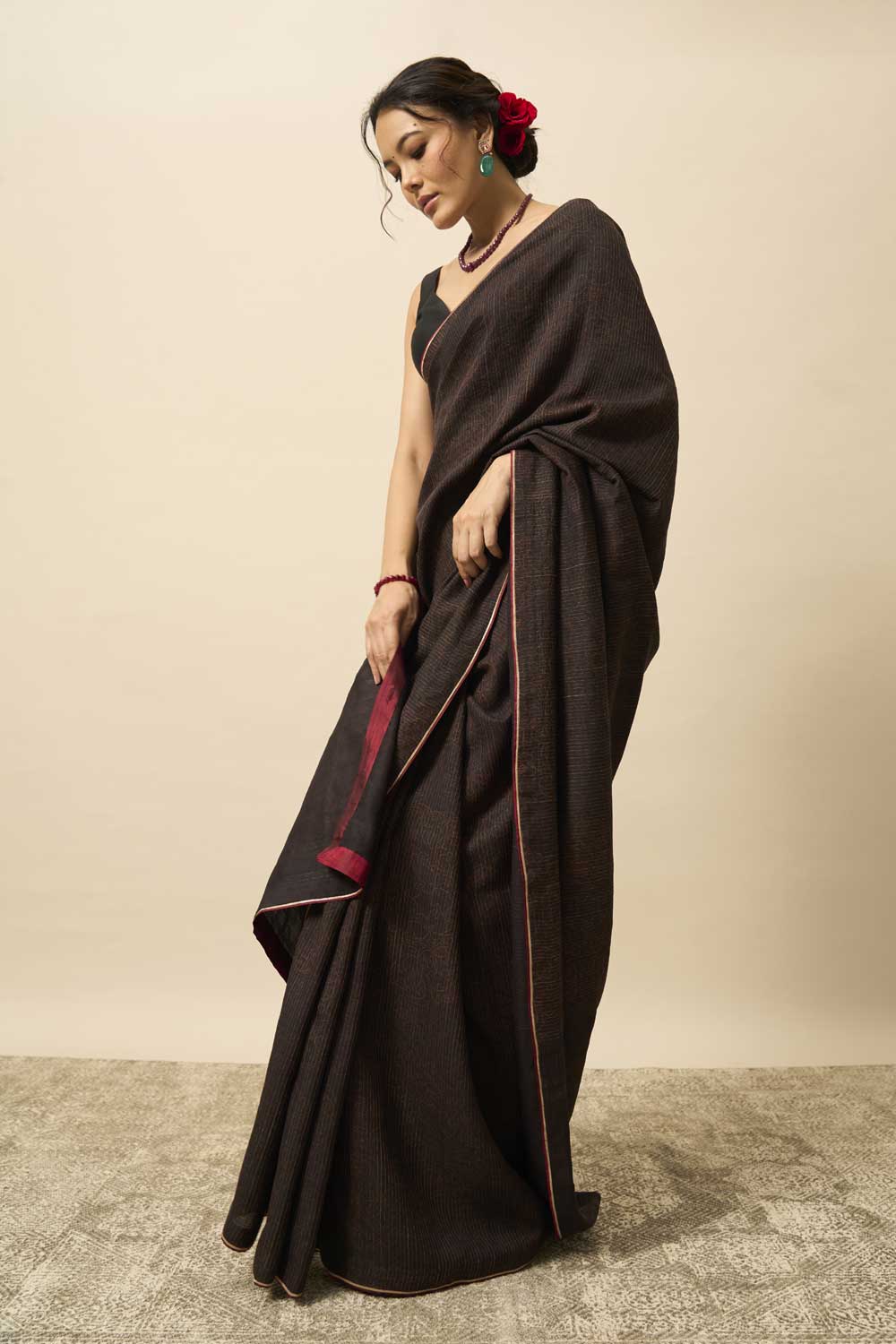 Neem Black Kanchi Silk Hand Blockprinted Saree