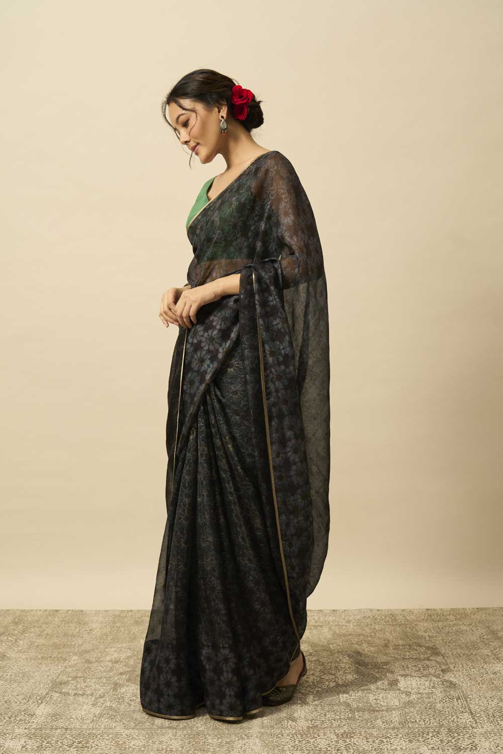 ANTARA BLACK KATAAN SILK HAND BLOCKPRINTED SAREE