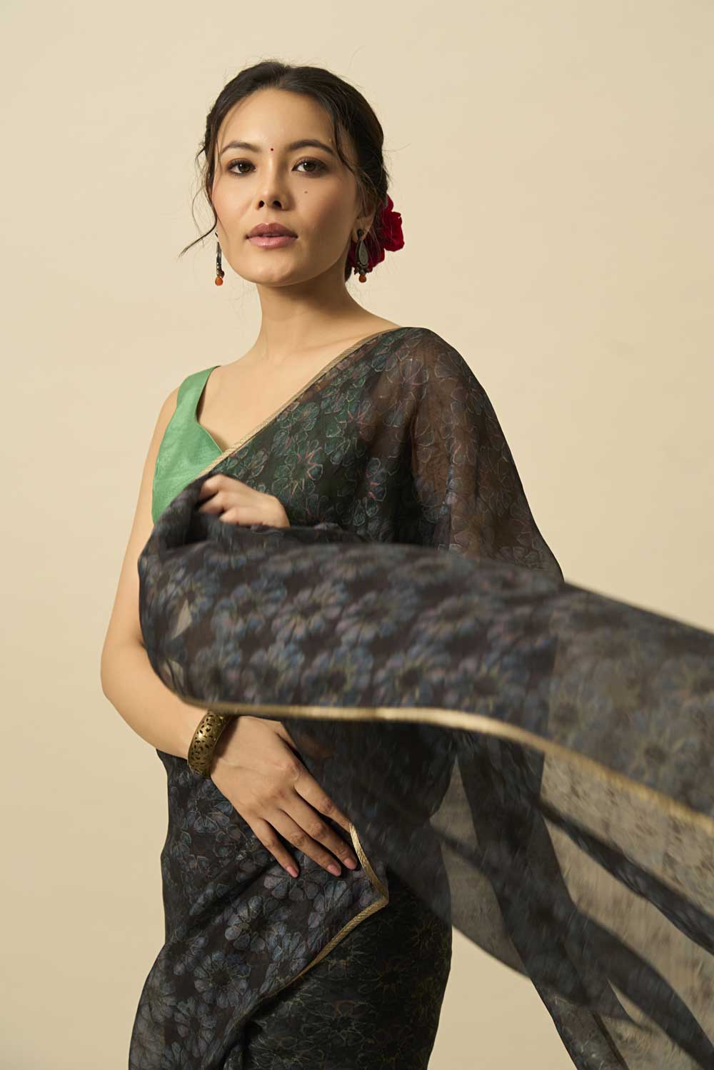 ANTARA BLACK KATAAN SILK HAND BLOCKPRINTED SAREE