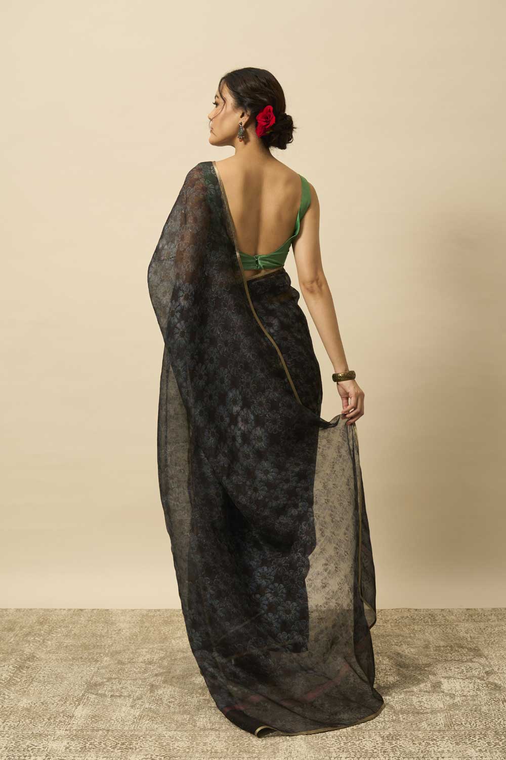 ANTARA BLACK KATAAN SILK HAND BLOCKPRINTED SAREE