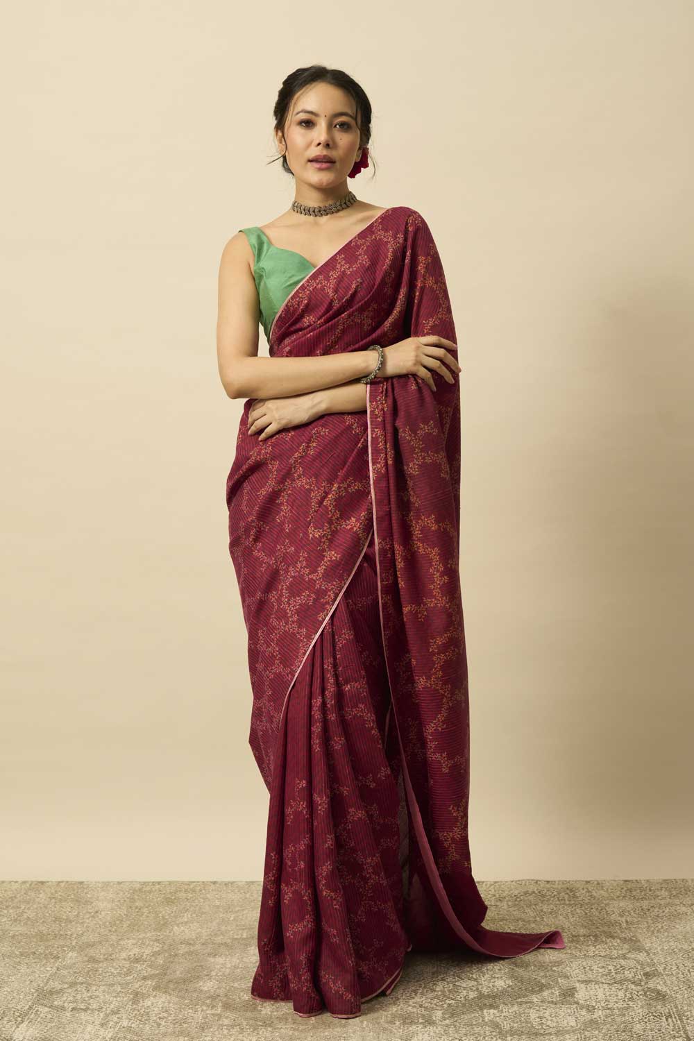 Mogra Wine Kanchi Silk Hand Blockprinted Saree