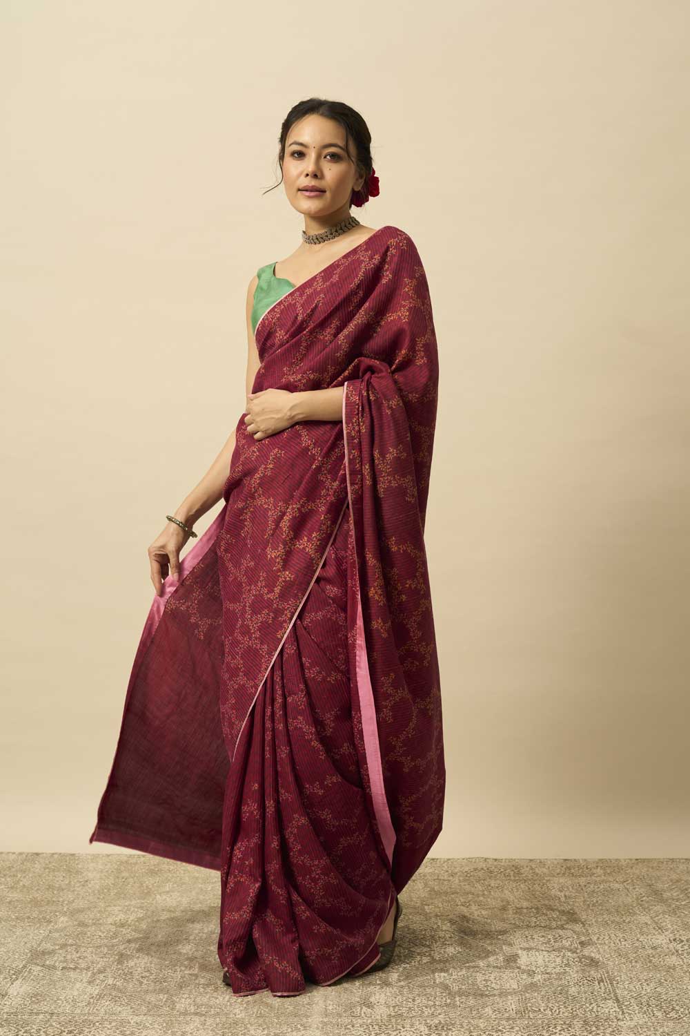 Mogra Wine Kanchi Silk Hand Blockprinted Saree