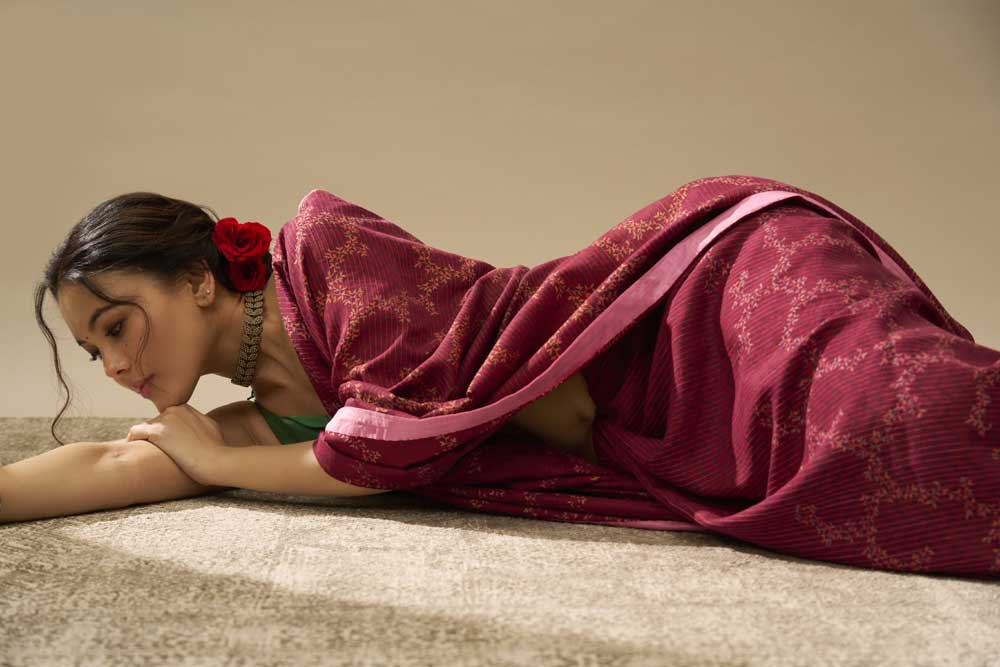 Mogra Wine Kanchi Silk Hand Blockprinted Saree