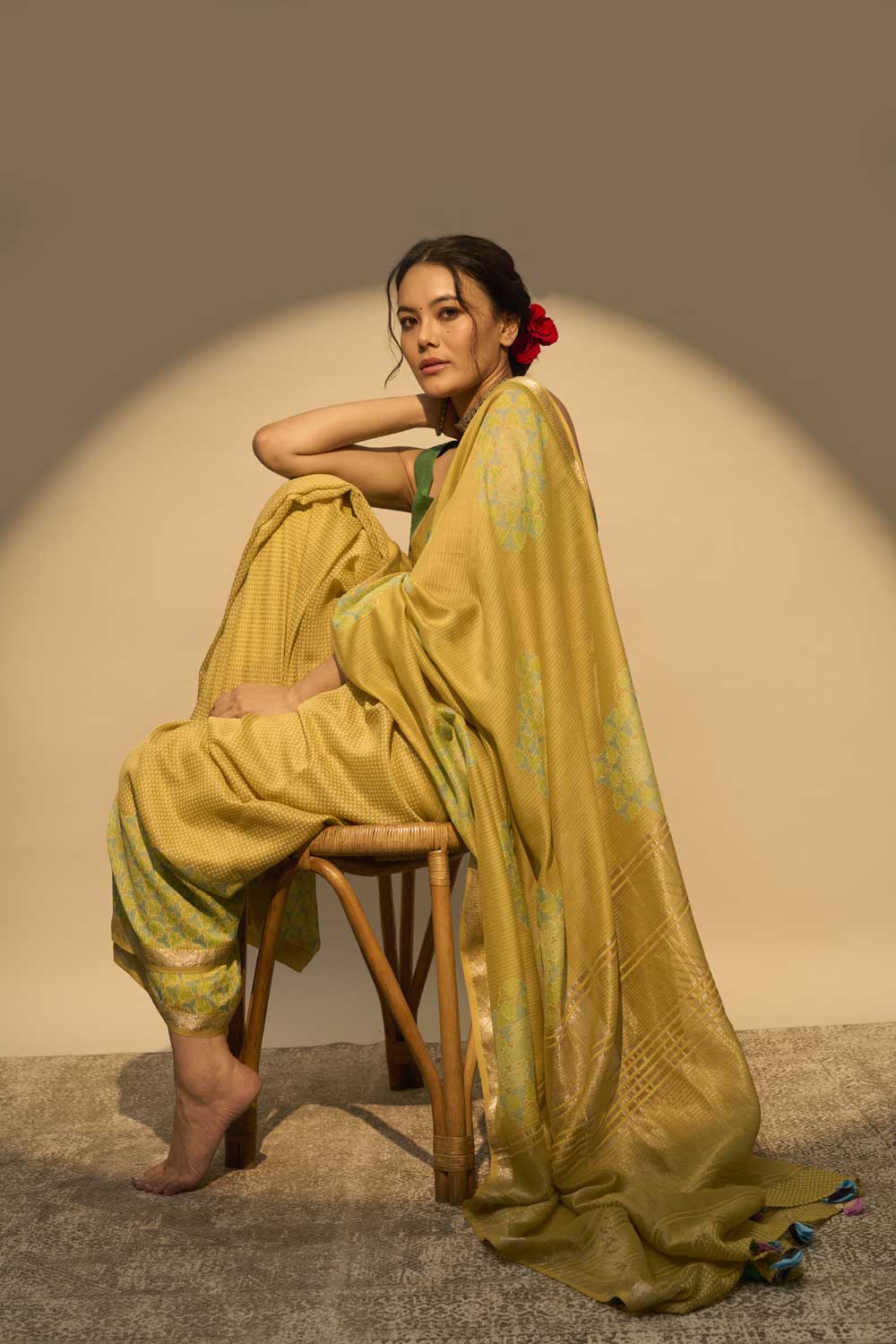 Betwa yellow Maheshwari Silk Hand Block Printed Saree