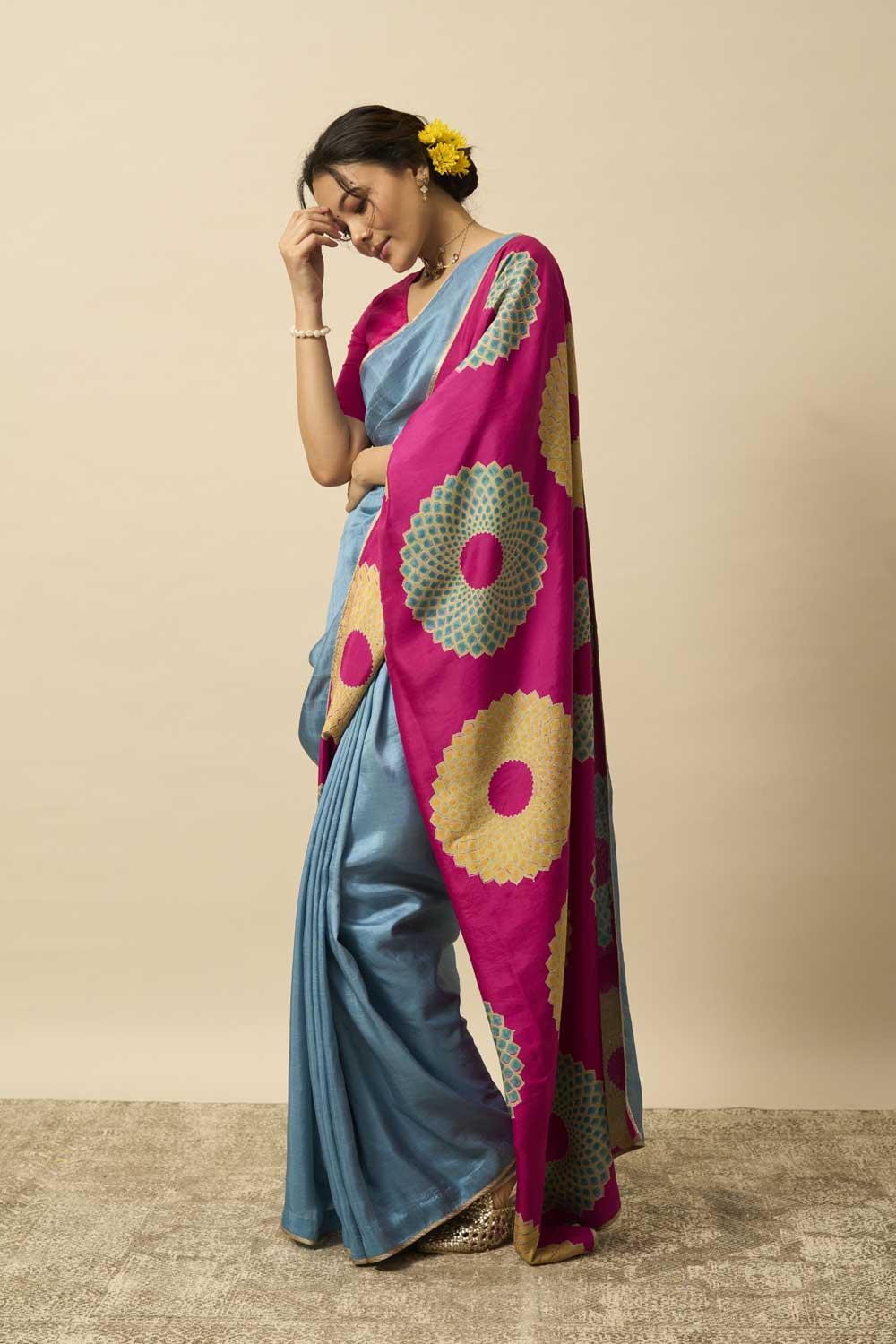 Devyani Blue Pink Mulberry Silk Flip Pallu Saree