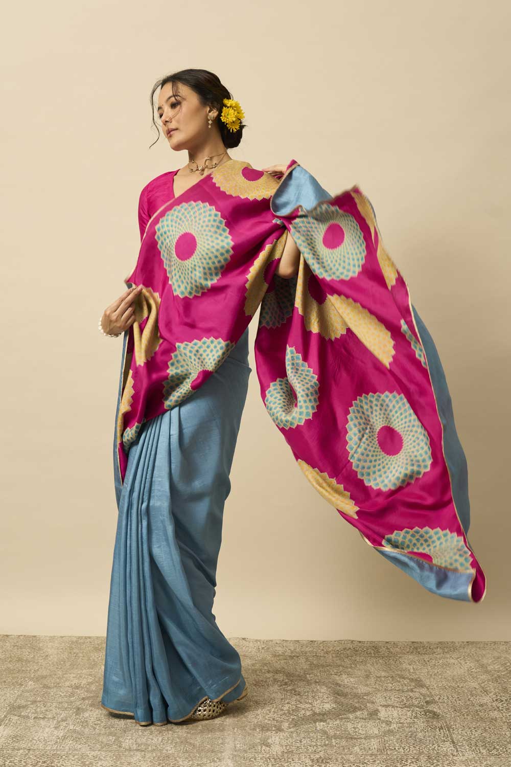 Devyani Blue Pink Mulberry Silk Flip Pallu Saree