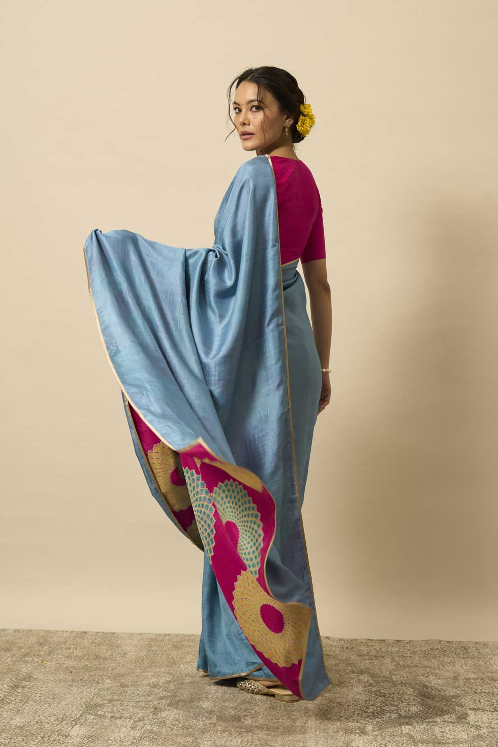 Devyani Blue Pink Mulberry Silk Flip Pallu Saree