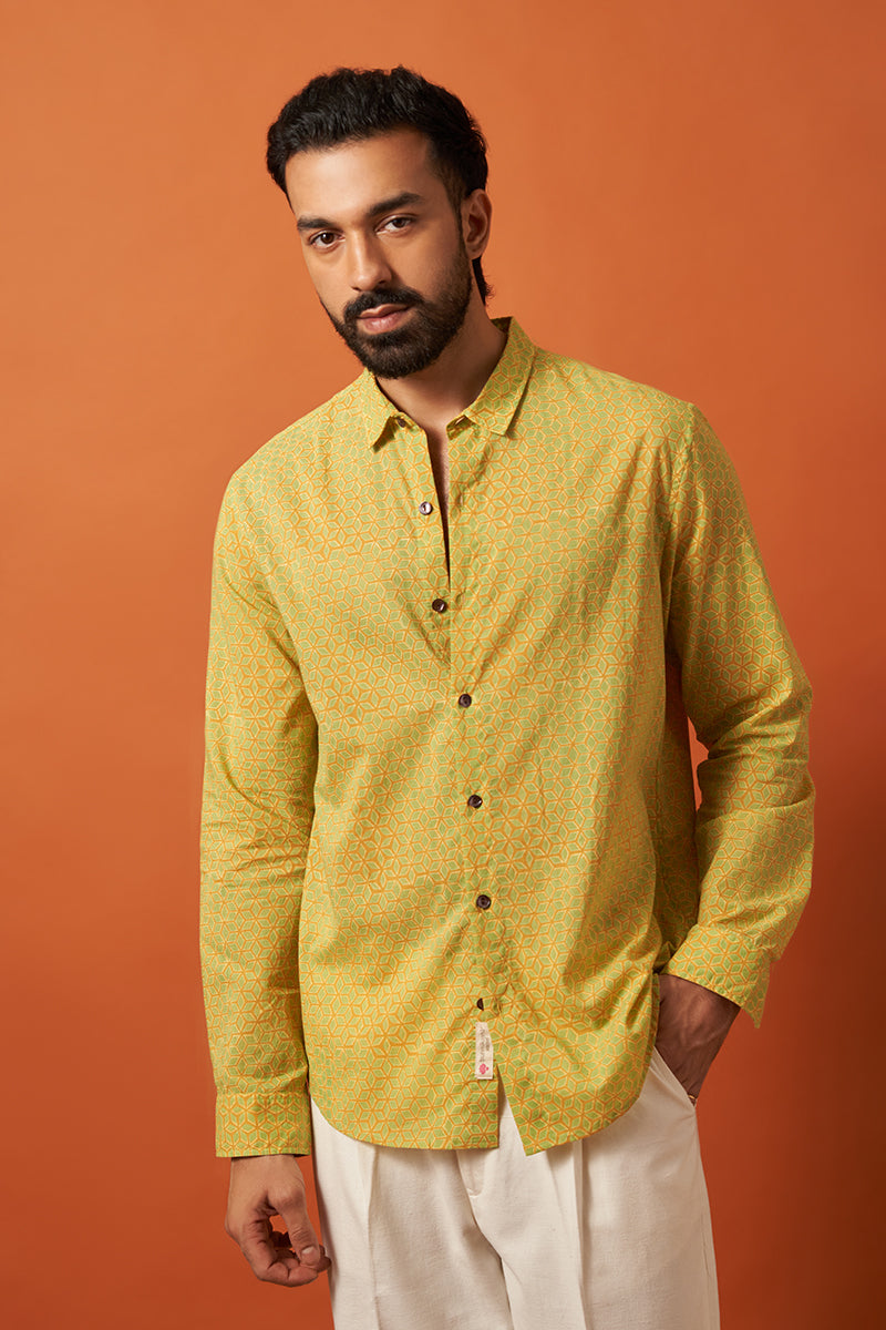 Yellow Diamond Voile Hand Blockprinted Shirt