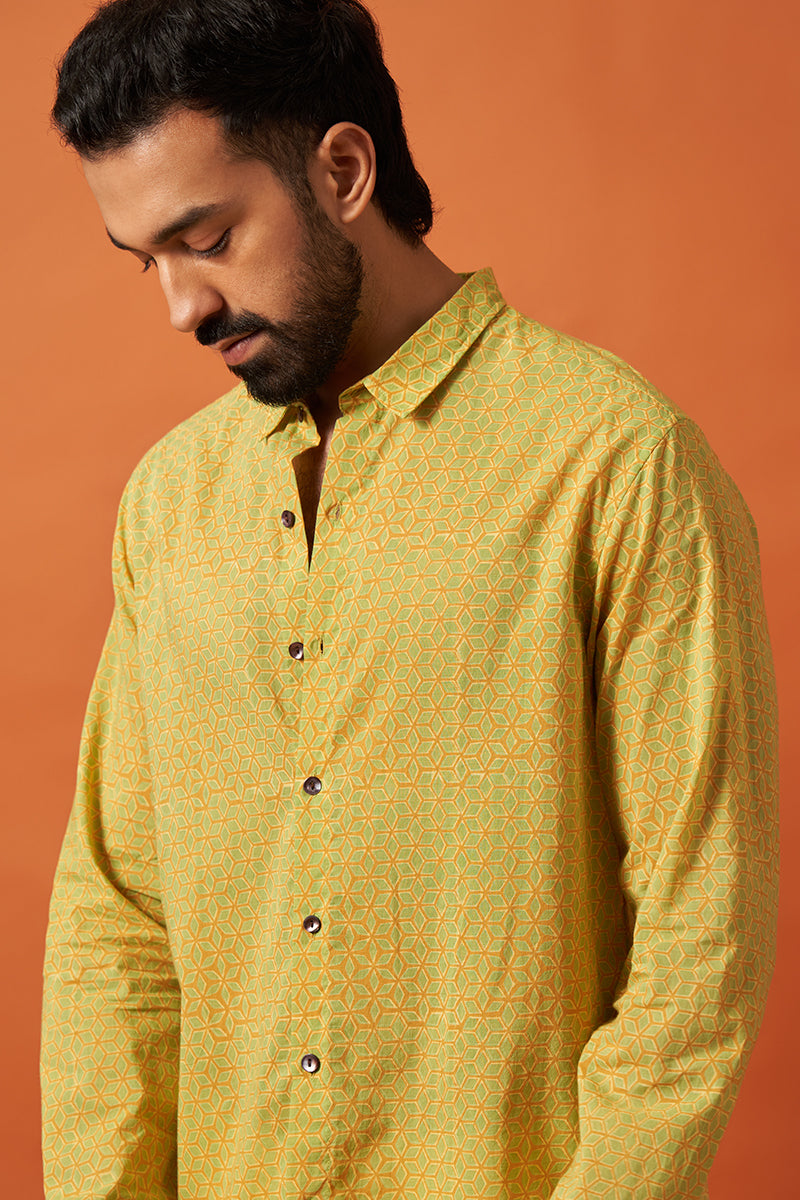 Yellow Diamond Voile Hand Blockprinted Shirt