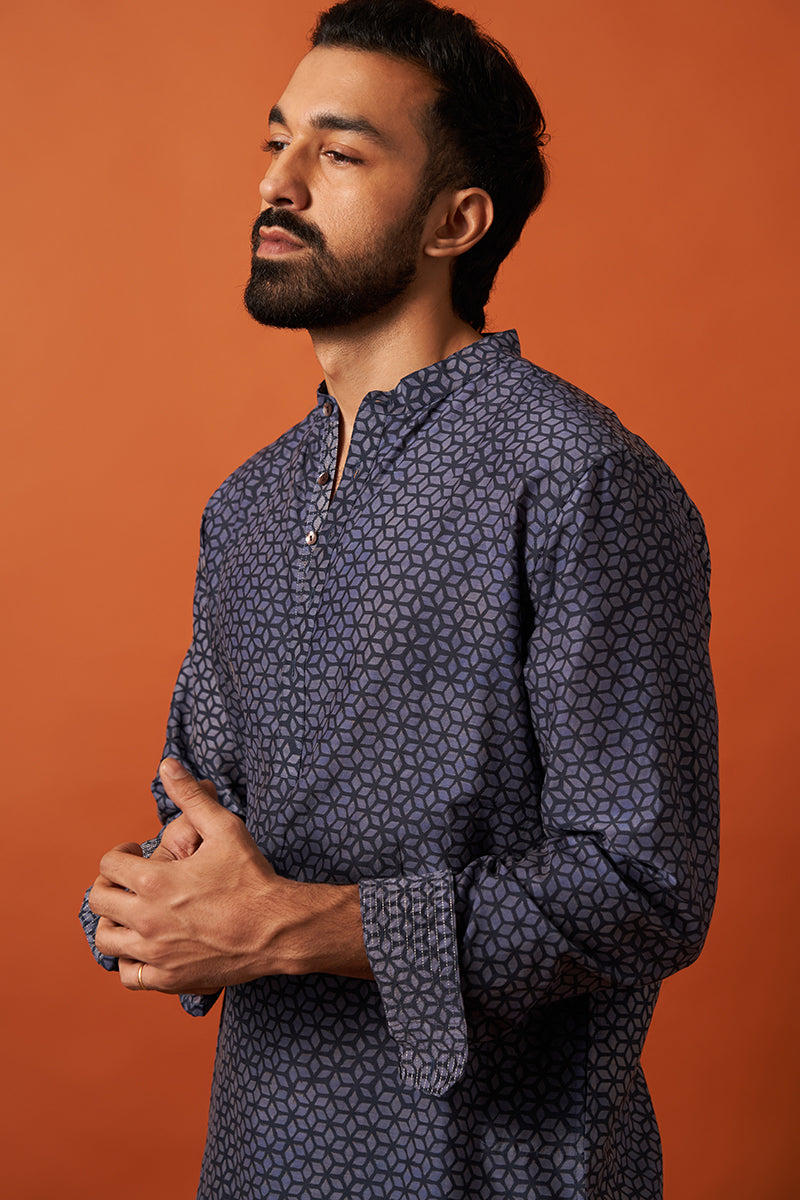 Blue Diamond Cotton Silk Hand Blockprinted Kurta