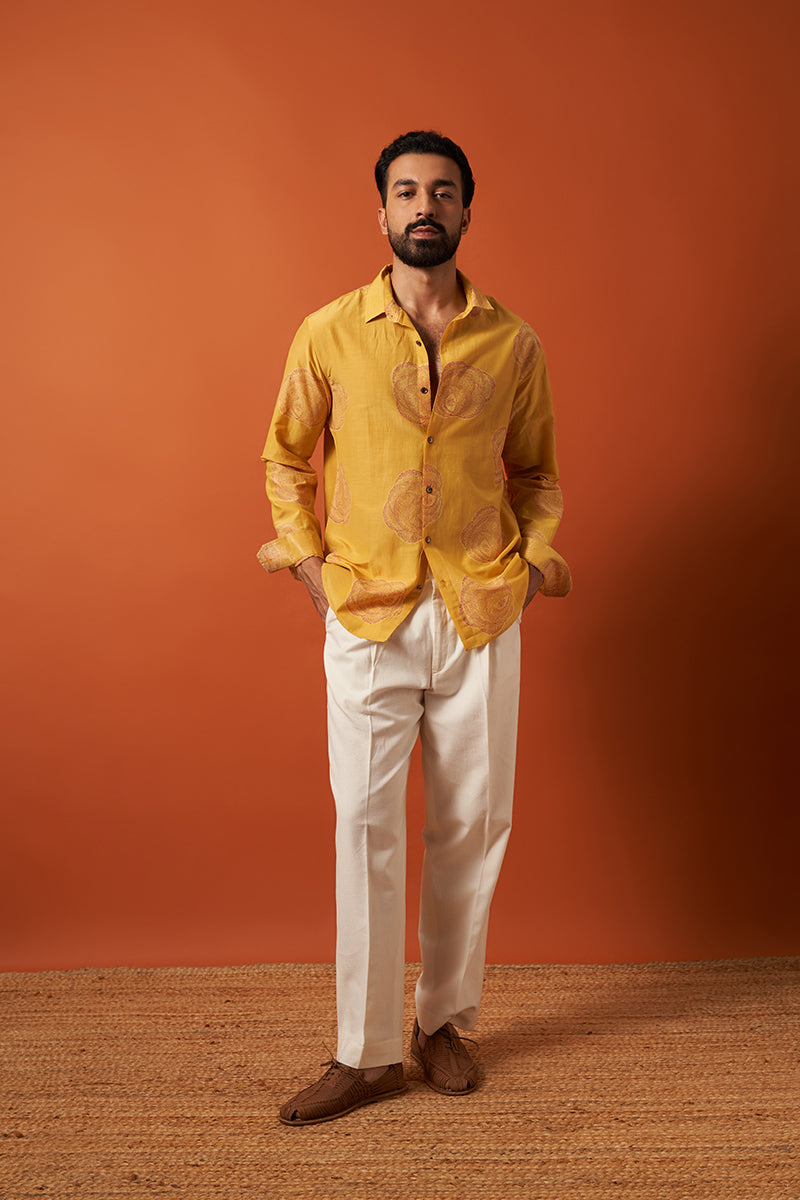 Yellow Rose Cotton Silk Hand Blockprinted Shirt