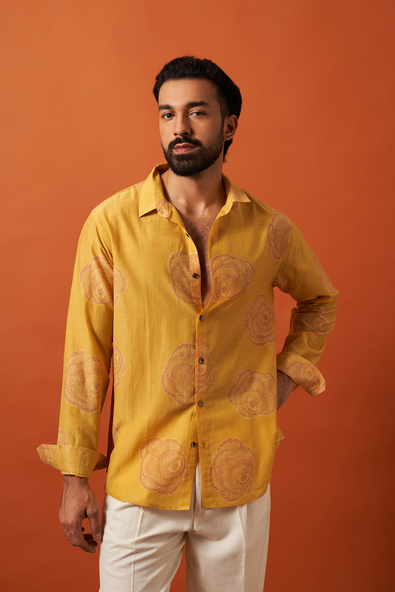Yellow Rose Cotton Silk Hand Blockprinted Shirt