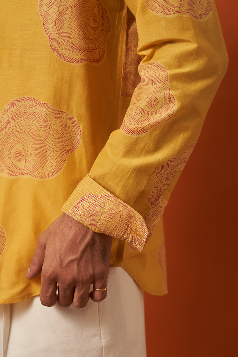 Yellow Rose Cotton Silk Hand Blockprinted Shirt