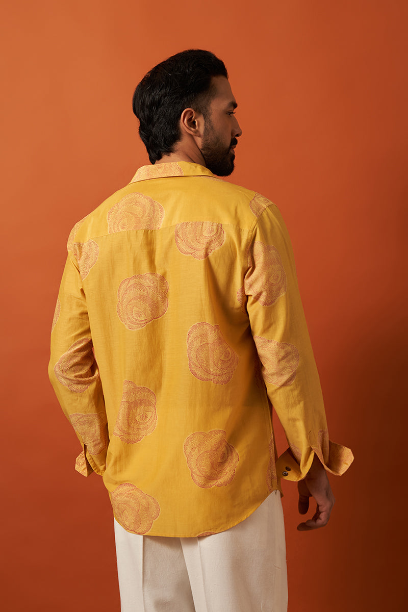 Yellow Rose Cotton Silk Hand Blockprinted Shirt