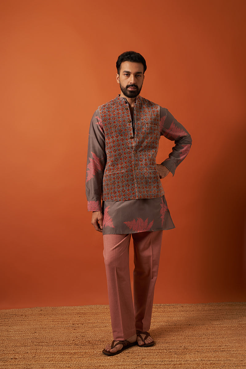 Kashyap Burnt Orange Wine Red Hand Blockprinted Cotton Velvet Bandi