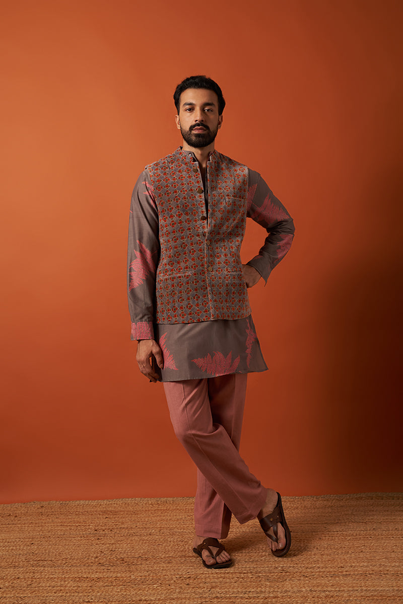 Kashyap Burnt Orange Wine Red Hand Blockprinted Cotton Velvet Bandi