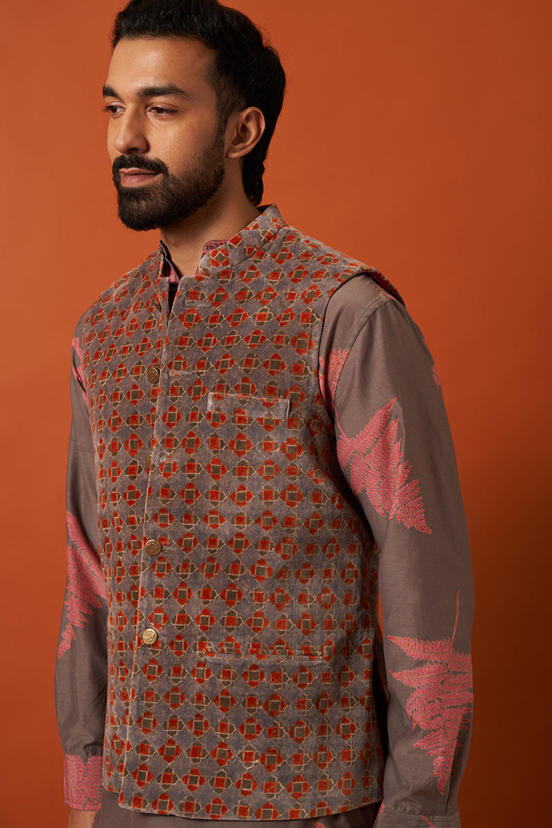 Kashyap Burnt Orange Wine Red Hand Blockprinted Cotton Velvet Bandi