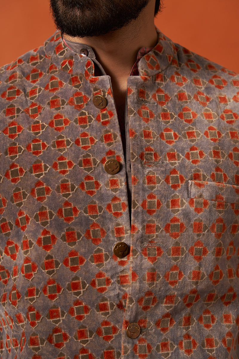 Kashyap Burnt Orange Wine Red Hand Blockprinted Cotton Velvet Bandi