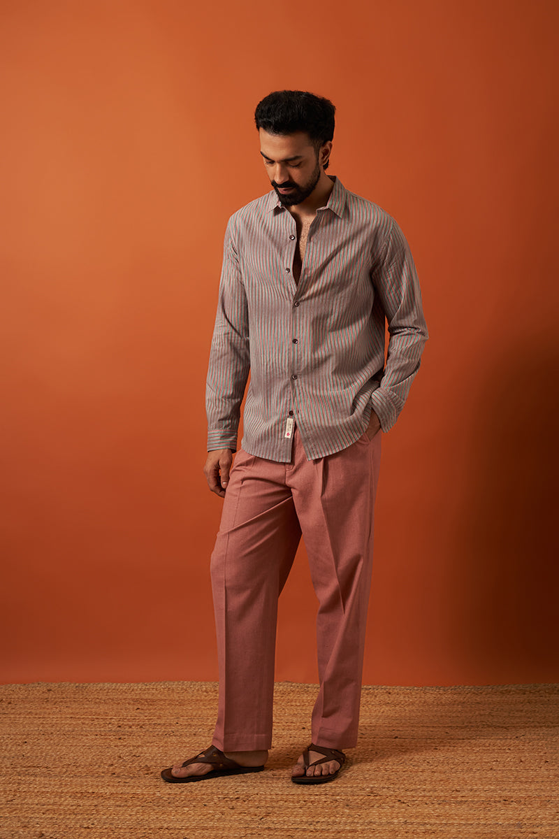 Grey Stripes Voile Hand Blockprinted Shirt