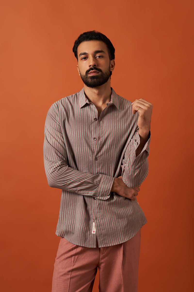 Grey Stripes Voile Hand Blockprinted Shirt