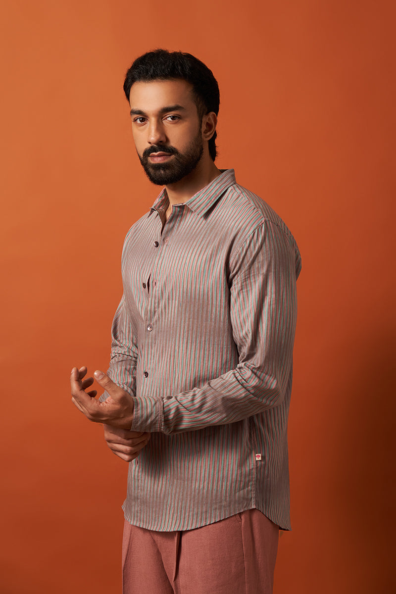 Grey Stripes Voile Hand Blockprinted Shirt