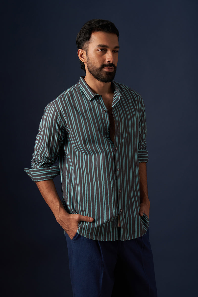 Teal Stripes Voile Hand Blockprinted Shirt