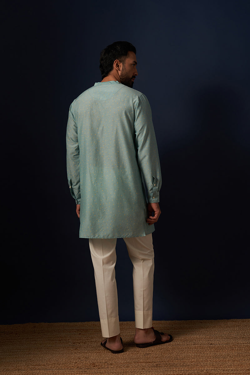 Teal Squares Cotton Silk Hand Blockprinted Kurta