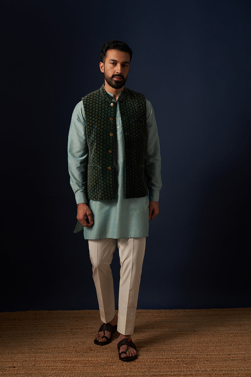 Kadamb Green Drops Wine Red Hand Blockprinted Cotton Velvet Bandi