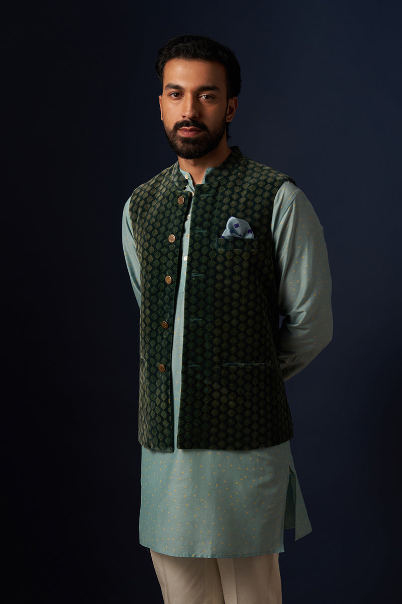 Kadamb Green Drops Wine Red Hand Blockprinted Cotton Velvet Bandi