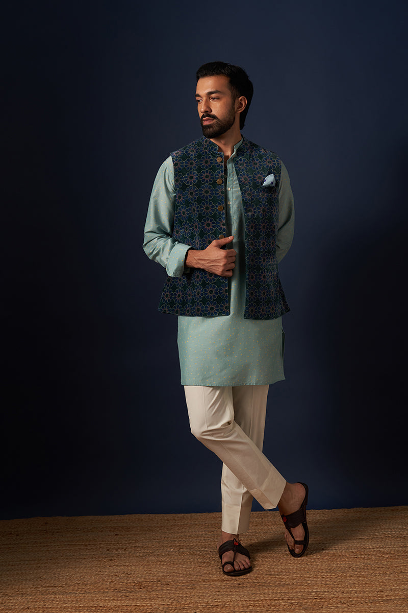 Ashvattha Blue Green Wine Red Hand Block printed Cotton Velvet Bandi